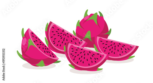 A vibrant composition features one whole dragon fruit and several sliced wedges, revealing bright pink flesh with tiny black seeds.