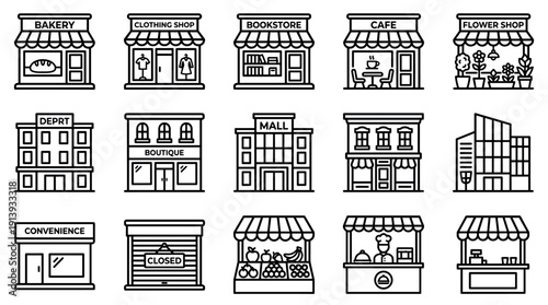 Collection of black line art icons depicting various storefronts and commercial buildings, including a bakery, cafe, boutique, and market stall in a clean minimalist graphic style