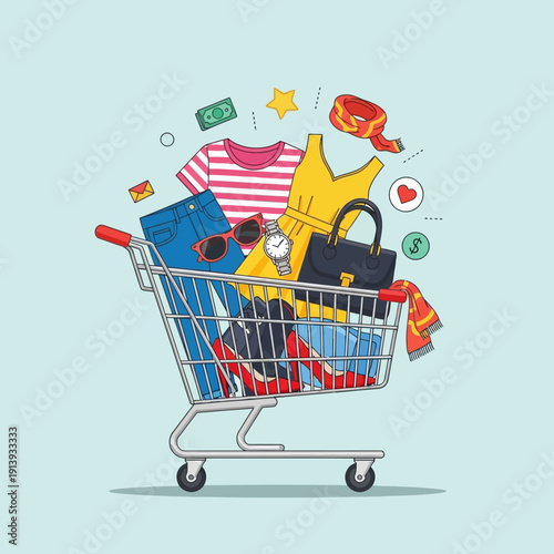Shopping cart full of colorful items.