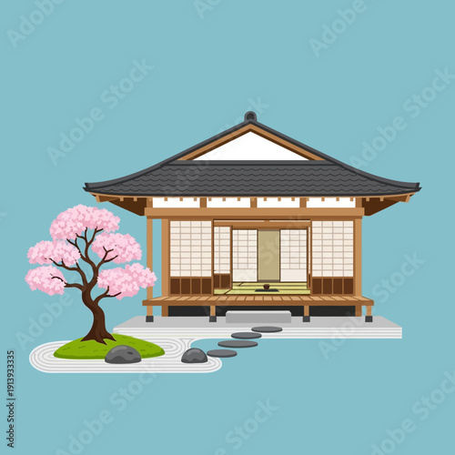 Bild auf Leinwand Traditional Japanese House with Cherry Blossom.