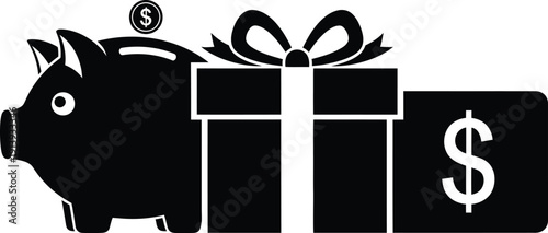 Silhouette illustration of a piggy bank with a dollar coin, a wrapped gift box, and currency.