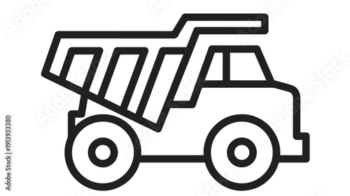 Dump truck line icon in black outline style, construction vehicle silhouette for building and mining industry, transport and logistics symbol isolated on white