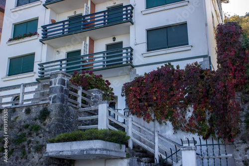 The facade of a modern building with balconies and windows with a flower garden at the steps