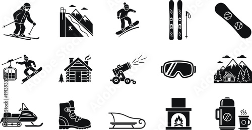 Winter Sports and Ski Resort Silhouette Icon Set with Skier, Snowboarder, Cabin, Snowmobile, Goggles, and Mountain Equipment Symbols