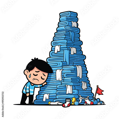 Overwhelmed cartoon boy standing next to a massive, unstable stack of clean folded laundry (towels). Stressful housework chore burden illustration.