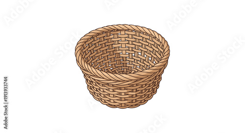 An open empty round woven wicker basket without a handle is viewed from an elevated perspective.
