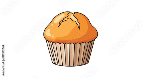 A solitary plain baked muffin with a cracked top rests in a beige paper cupcake liner on a white background.