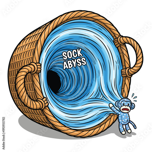 Sock Abyss: Frightened Sock Monkey Pulled into Laundry Basket Vortex Illustration - Conceptual Black Hole of Lost Socks