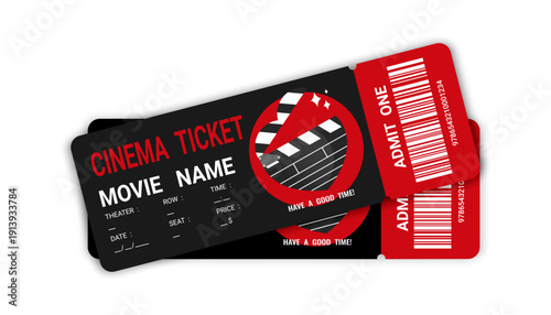 Two cinema tickets with heart shaped clapperboard. Pair of cinema tickets isolated on white background. Vector illustration