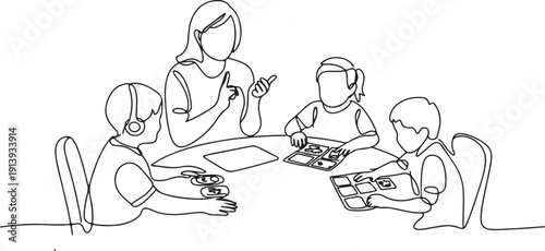 A special needs teacher conducts a developmental lesson with children with developmental disabilities, speech, hearing and vision impairments.one line vector illustration with white background