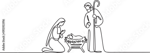 A Christmas nativity scene with Mary, Joseph, and baby Jesus.one line vector illustration with white background
