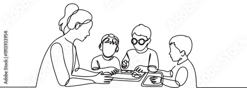 A special needs teacher conducts a developmental lesson with children with developmental disabilities, speech, hearing and vision impairments.one line vector illustration with white background