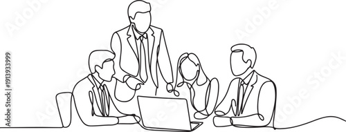 continuous line drawing of a group of business people discussing in front of a laptop.one line drawing shows business developmen.one line vector illustration with white background