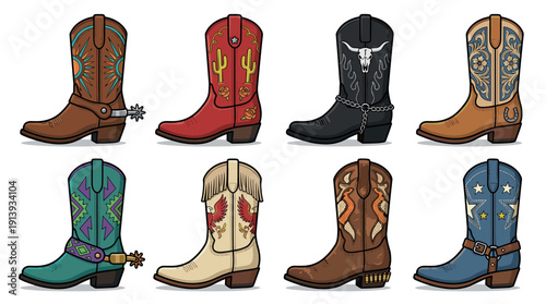Set of eight different cartoon cowboy boots with unique decorative western patterns, including spurs, skulls, snakes, and stars, in a flat graphic style