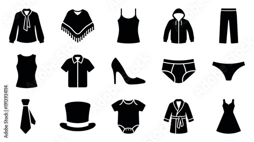 Diverse collection of black clothing icons featuring various garments and accessories for men, women, and babies in a minimalist silhouette graphic style
