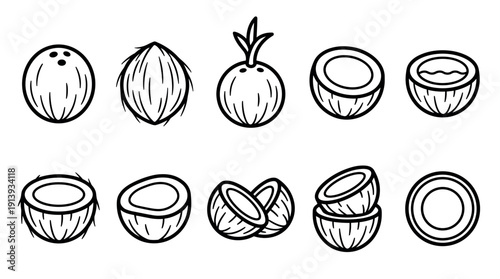 Set of coconut fruit icons in a simple black outline style, illustrating the tropical nut whole, cracked in half, with a sprout, and filled with delicious milk