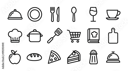 Set of black line icons for food, cooking, and kitchen utensils, featuring a chef hat, cutlery, pizza, cake, and shopping cart symbols for a restaurant menu or culinary design