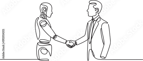 continuous line of AI robot shaking hands with business man.one line vector illustration with white background