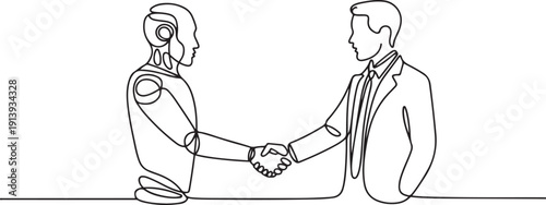 continuous line of AI robot shaking hands with business man.one line vector illustration with white background