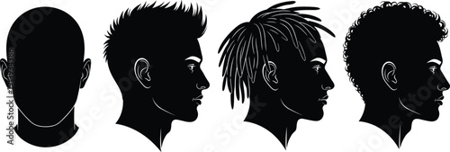 Male head silhouette set, men hairstyles collection with bald spiky dreadlocks and curly hair, cad drawing flat vector illustration, profile
