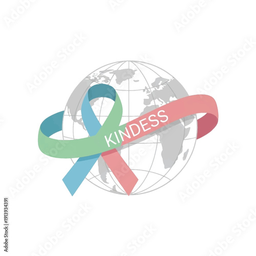 Global kindness ribbon around the globe symbolizes unity and compassion.