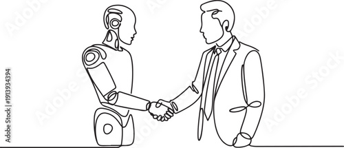 continuous line of AI robot shaking hands with business man.one line vector illustration with white background