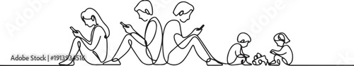 continuous line of parents busy with cellphones and children playing alone.one line drawing of family concern.single line of child concern.one line vector illustration with white background