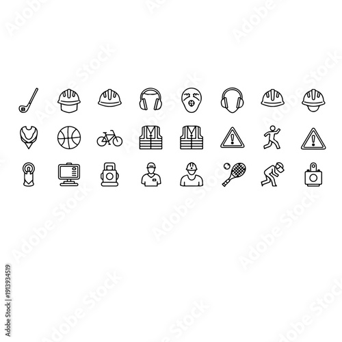 Professional collection of sports and industrial safety helmet line icons including cycling cricket construction and protective headgear symbols for athlete safety and workplace head protection gear.