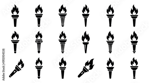 Collection of black torch icons with burning flames, showcasing various designs from classic to modern styles in a minimalist graphic vector illustration set for sports or victory concepts