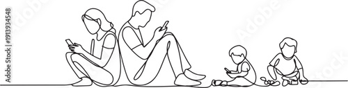 continuous line of parents busy with cellphones and children playing alone.one line drawing of family concern.single line of child concern.one line vector illustration with white background