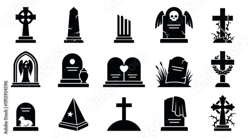 Various black gravestone and tombstone silhouette icons in a graphic vector style showing different memorial designs like crosses, angels, obelisks, and skulls for a spooky theme