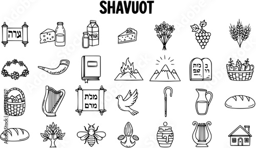 Shavuot Icons Set - Line Art Illustrations of Jewish Holiday Symbols: Torah, Dairy, Wheat, Flowers, Grapes, Shofar, Harp, Mountains, Basket, Bread, Honey, House, Bee