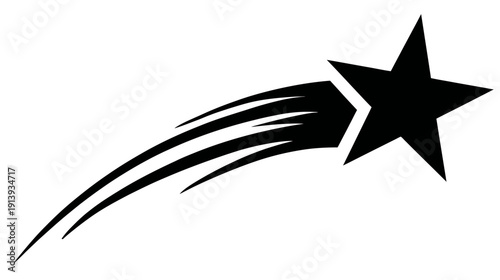 A stylized, black silhouette of a star with a curved tail, representing motion or shooting star