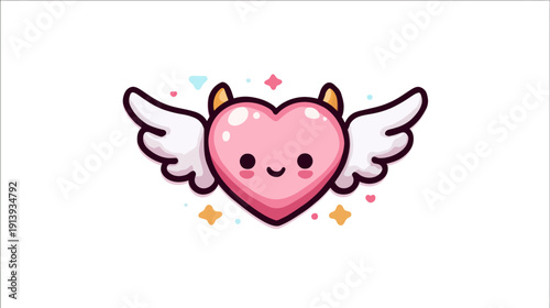 Cute cartoon heart illustration with wings, tiny horns, and a sweet face, surrounded by stars