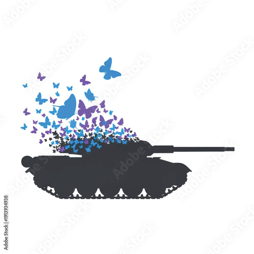Tank silhouette spewing blue and purple butterflies as a peaceful environmental transformation across a stark landscape.