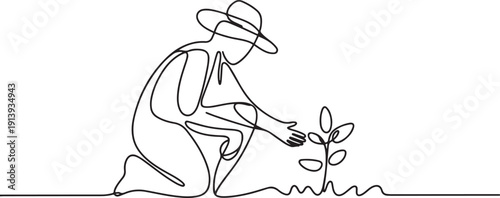Continuous One Line Drawing Farmer Tending Plant.one line vector illustration with white background