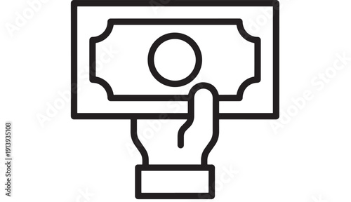 Hand holding banknote icon in black line style, simple cash payment and money transfer symbol for finance, banking, salary, budgeting, donation and savings