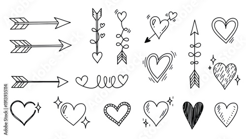 Whimsical hand-drawn doodles featuring arrows, hearts, and botanical motifs in line art style.
