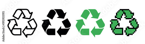 Four variations of the universal recycling symbol shown in a row, featuring line art, solid fill, a classic green color, and a retro 8-bit pixelated illustration