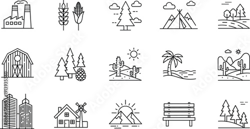 Nature and Urban Landscape Outline Icon Set with Farm, Desert, Beach, Mountain, City, and Industrial Scenes for Web and App Design