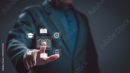 Professional business person touching virtual open book icon on digital touchscreen interface access online education, corporate training, e-learning resources global lifelong knowledge sharing,