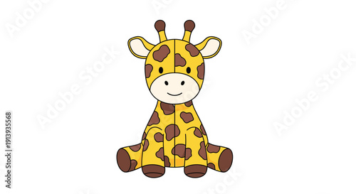 Adorable cartoon baby giraffe character sitting calmly with a gentle smile against a plain white background.