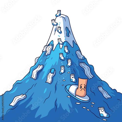 Overwhelming Laundry Chore: Cartoon Foot Character Slides Down a Massive Mountain of Dirty Socks and Clothes