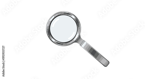 Polished silver magnifying glass with a clear lens on a plain white background for examination or search.