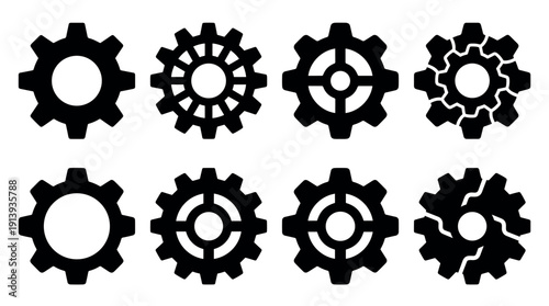 Collection of black gear icons and cogwheel symbols showing different mechanical designs, including simple, complex, and broken cogs for concepts like settings or progress