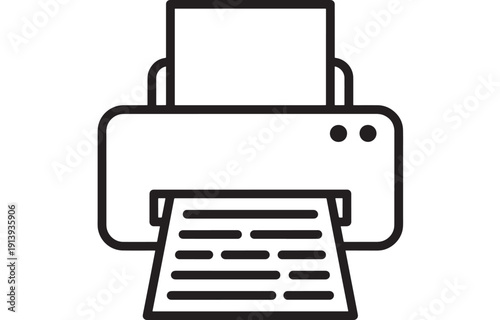 Printer icon vector illustration in black line style with paper output, simple office printing symbol isolated on white background for UI, apps, web and signage