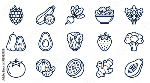 Collection of healthy food line art icons showing various fruits and vegetables like berries, greens, and tropical produce in a clean, minimalist, and modern graphic style