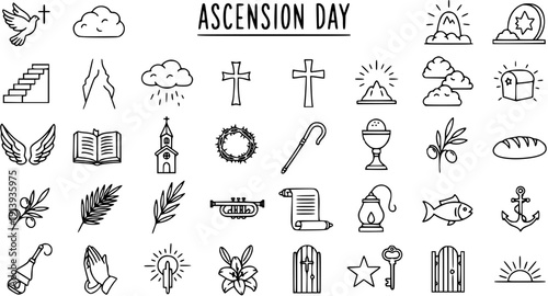 Christian and Biblical Symbols Line Art Icons Set for Ascension Day. Hand-drawn Doodle Collection of Religious and Spiritual Elements.
