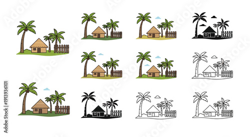 A collection of tropical island scenes with thatched huts and palm trees presented in various styles on transparent background silhouette