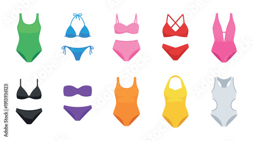 Collection of colorful women's swimsuits and bikinis in various styles, including one-piece, bandeau, and triangle tops, presented as a flat vector illustration set